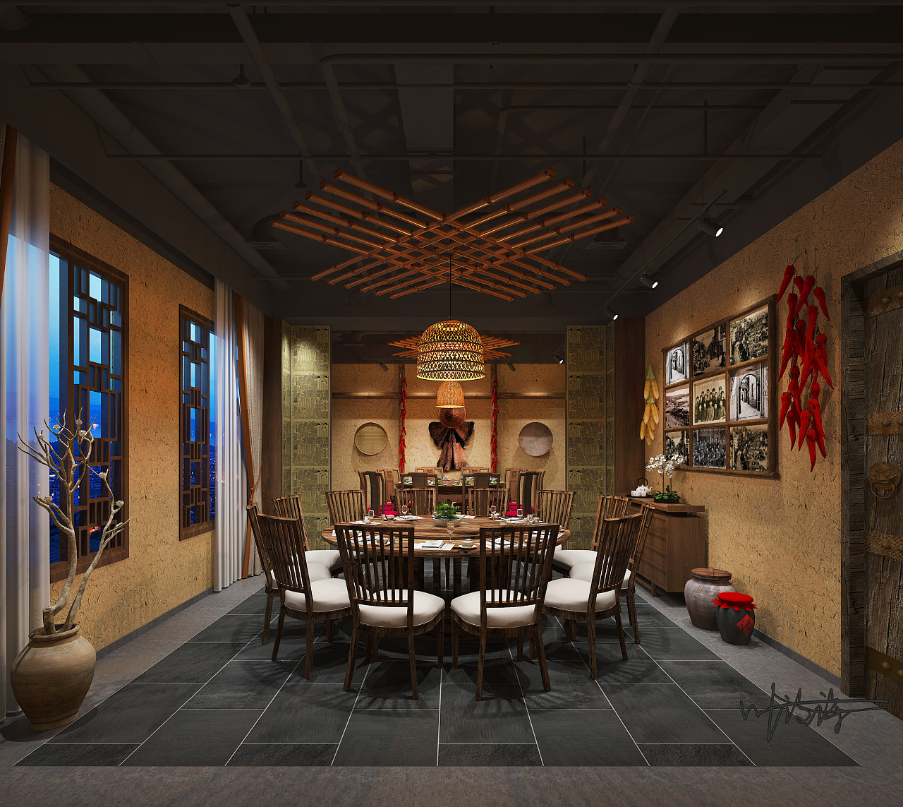 新中式餐厅包厢模型SU模型下载[ID:113460663]_建E室内设计网