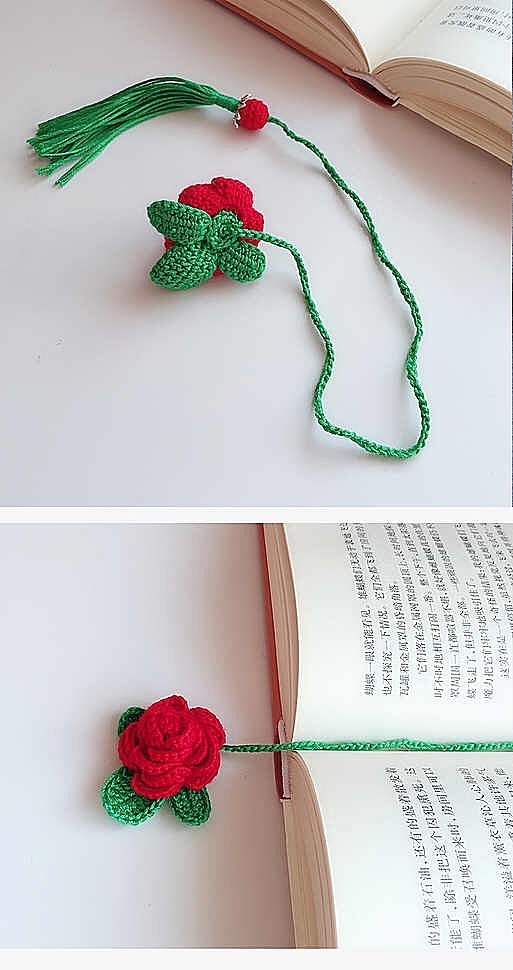 纯手作毛线编织浪漫:rose:玫瑰花书签