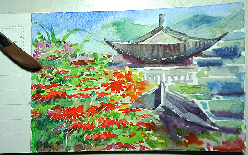 楼主圣诞期间去了云南腾冲,此画是住在和顺古镇时所画,篇幅明信片大小