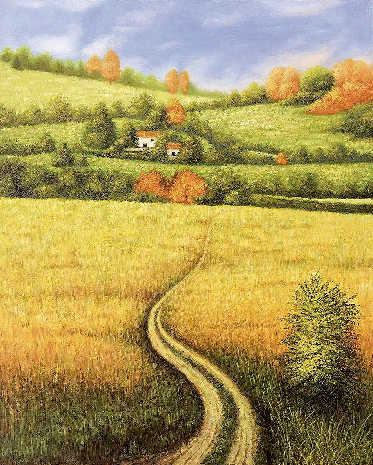 我的原创油画风景作品《乡村小路 · 人家》