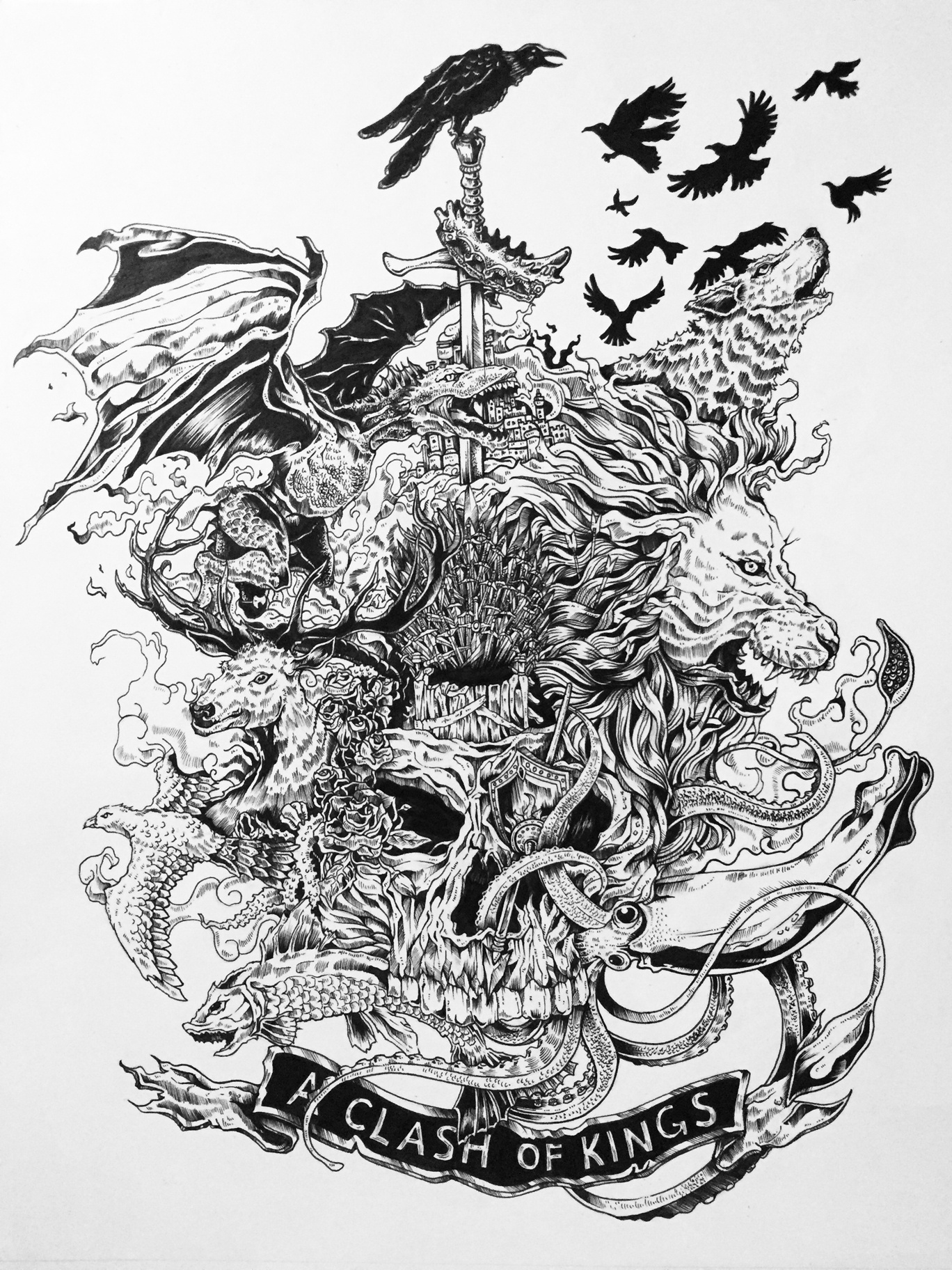 针管笔 黑白插画-权利的游戏 列王纷争