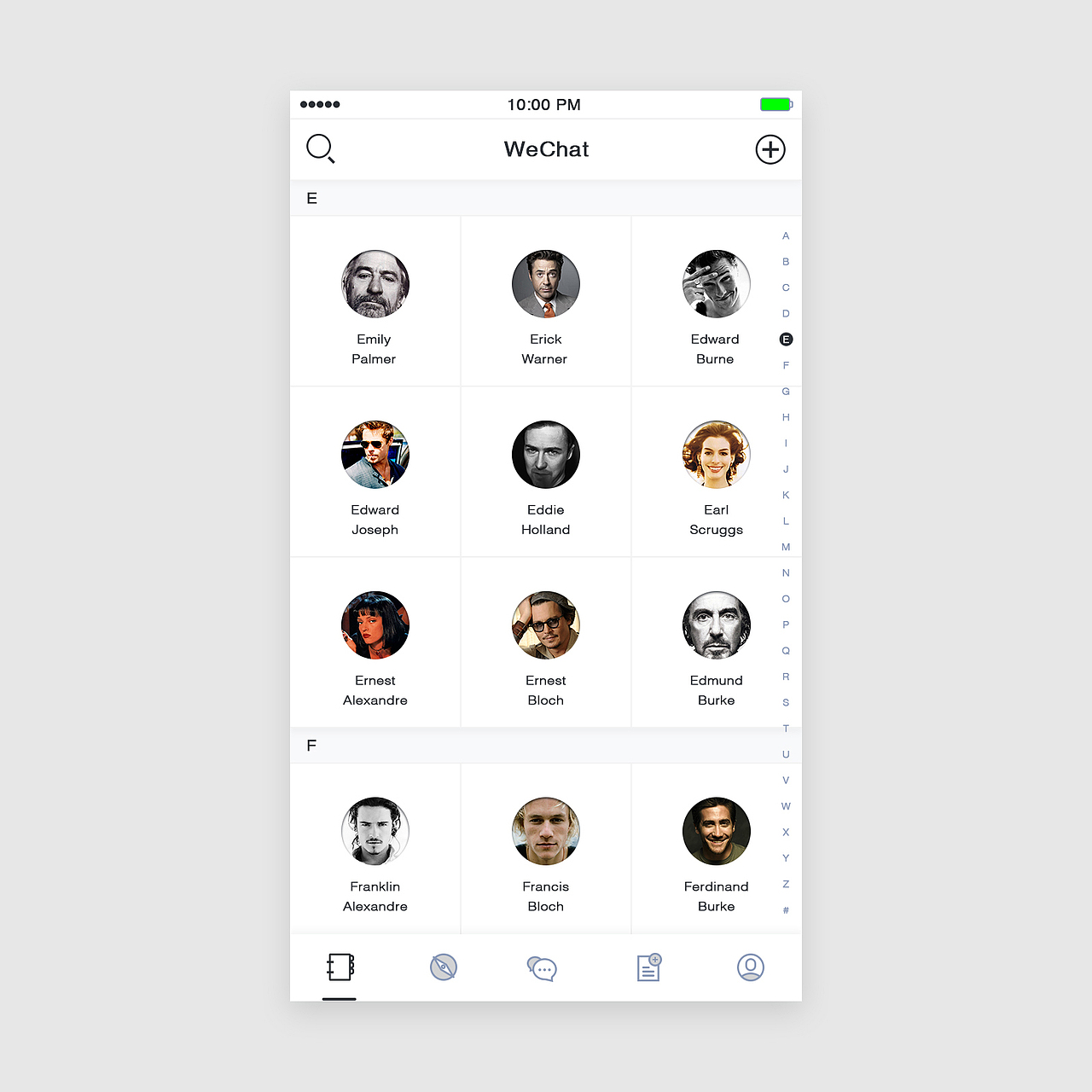通讯录采用方格瓷块设计。界面更加规整,并且能够展示更多的联系人条目。<br>