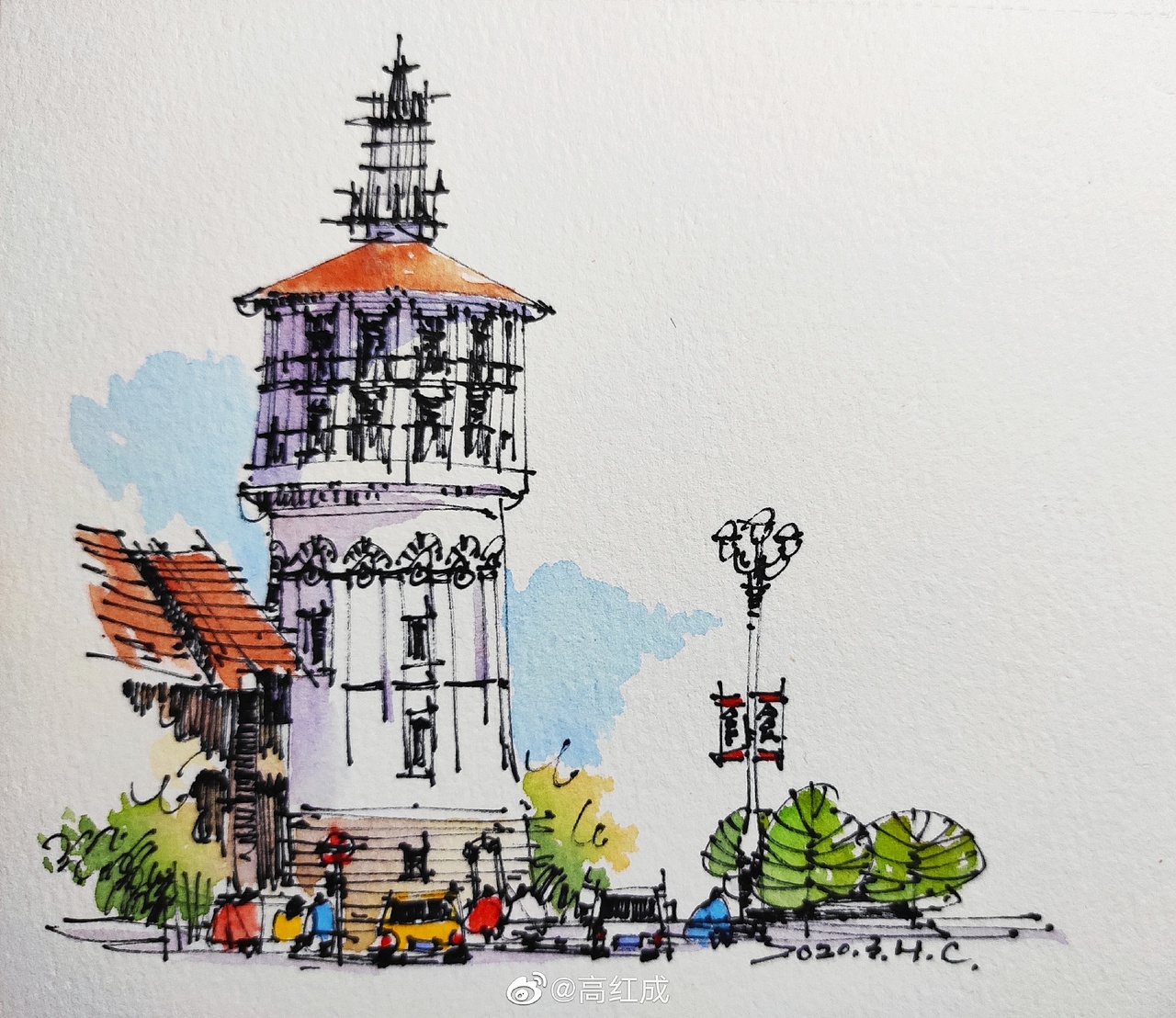 钢笔淡彩建筑风景速写