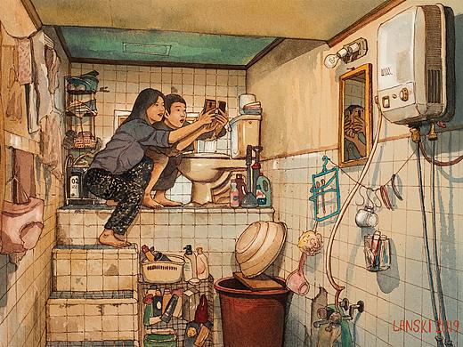 电影《寄生虫》手绘水彩插画