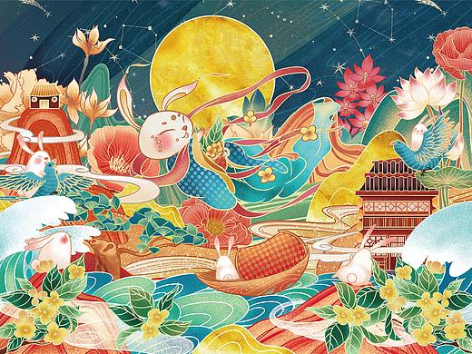 秋江花月夜-中秋礼盒插画