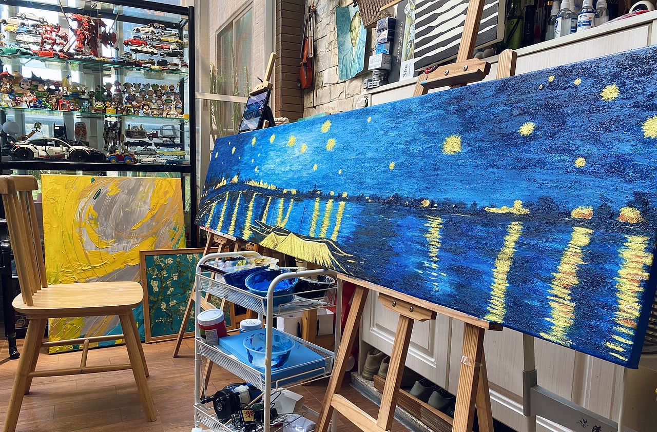 梵高定制刮刀画 《罗纳河畔的星夜》