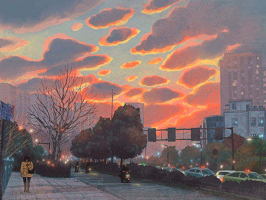 城市街景 插图 夕阳 黄昏