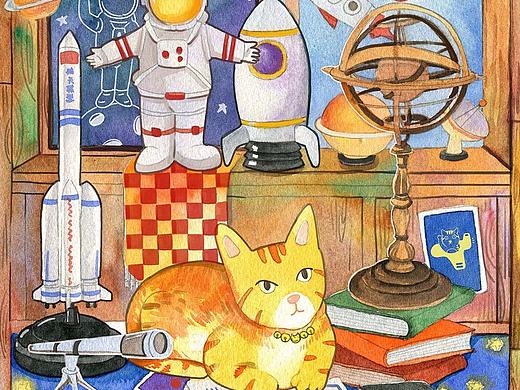 水彩插画｜宇宙星空宇航喵