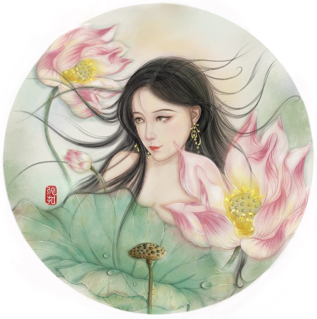 荷叶罗裙一色裁，芙蓉向脸两边开（图ZMzA5MDEwMzMy） - 商业插画 - 站酷设计师依扣原创素材 - 站酷ZCOOL