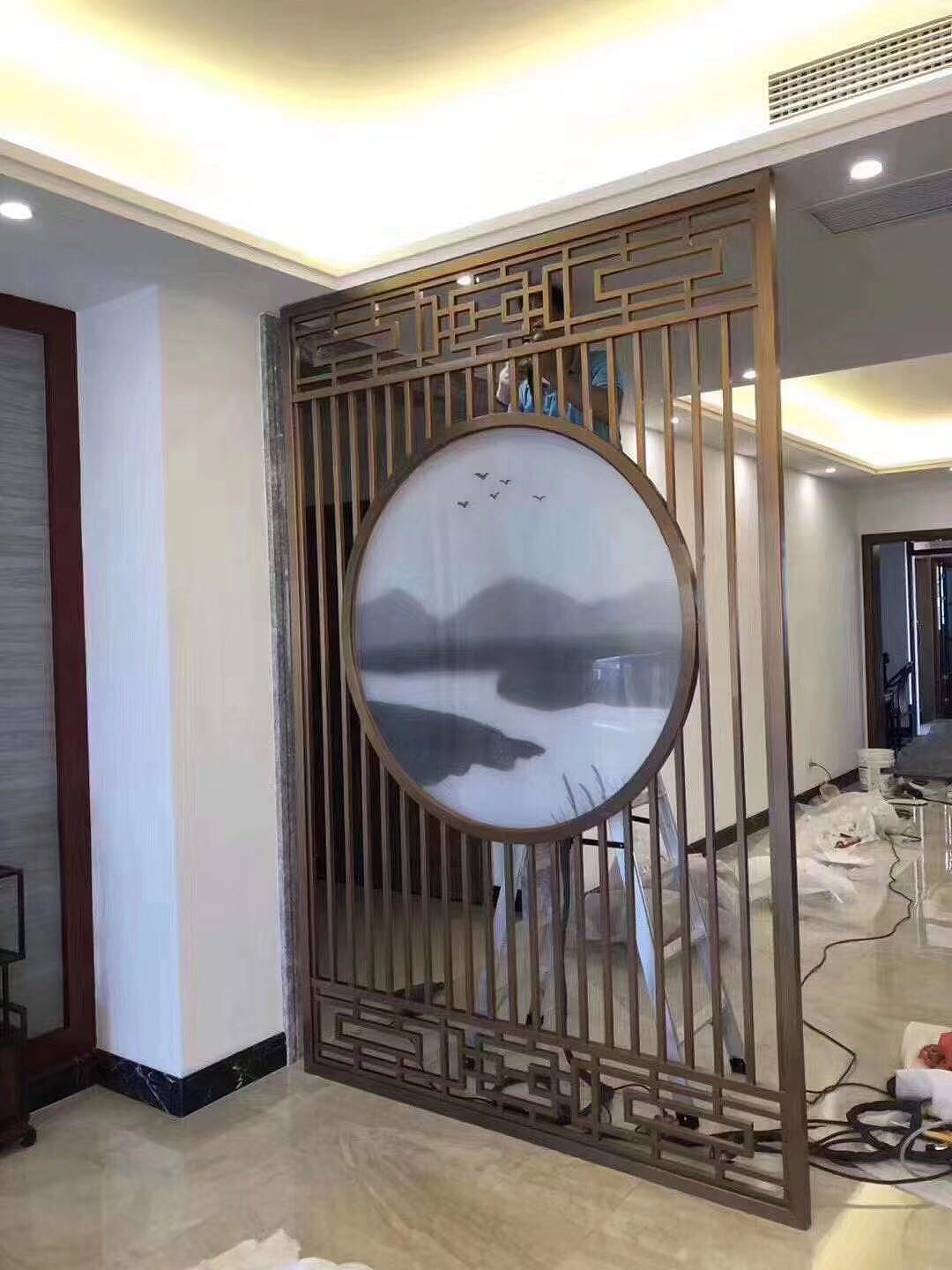 拉丝红古铜不锈钢屏风成品安装效果 中国风系列