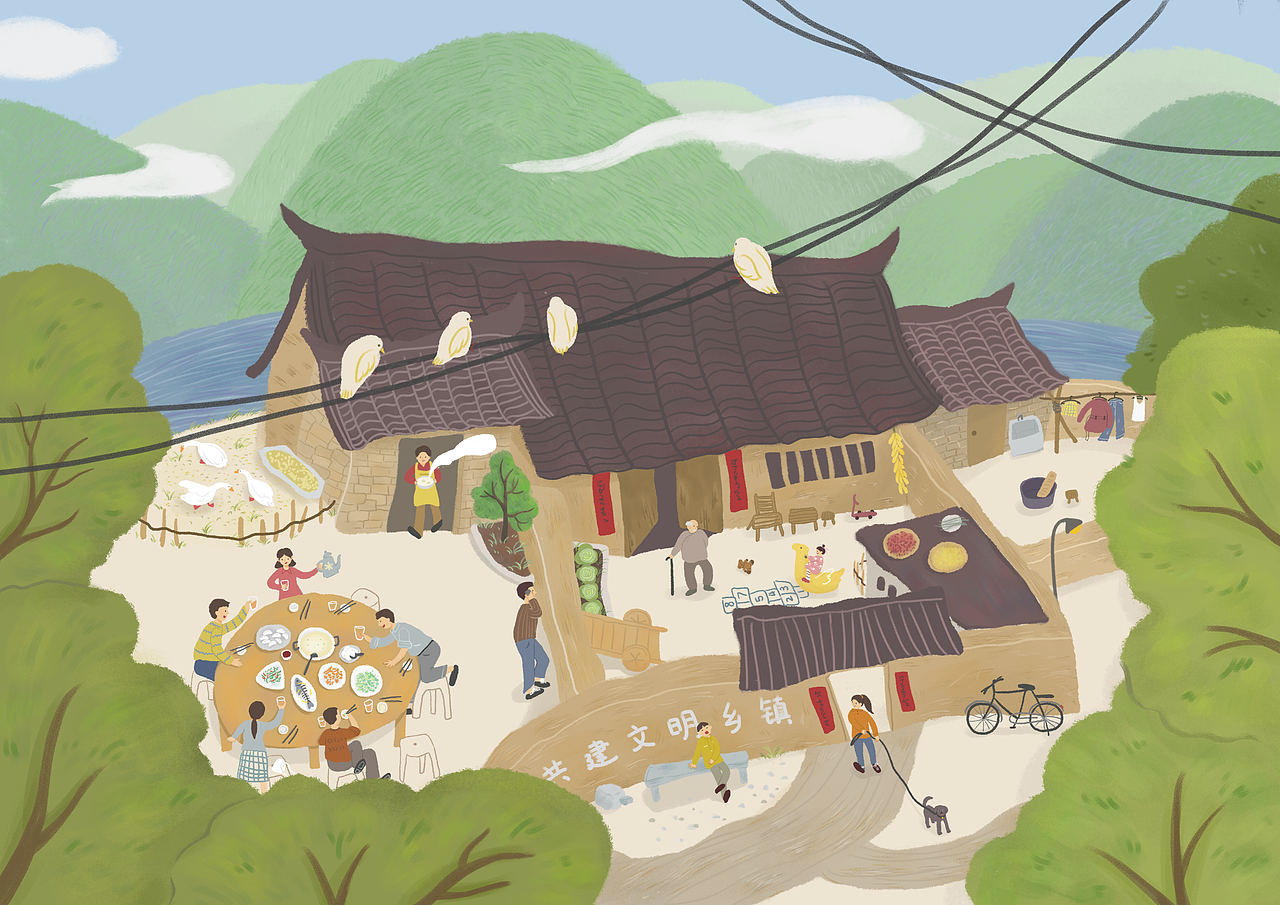 2原创作品插画绘本农村板绘院子猫岛街长ip形象设计 表情包889婚礼