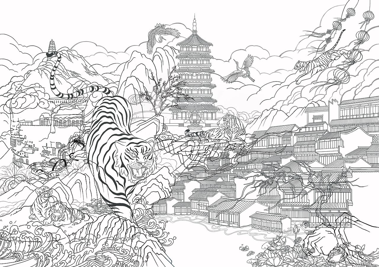 虎年賀歲，五虎迎春（圖ZMjgzMzUzMzg0） - 商業(yè)插畫 - 站酷設計師關山度月原創(chuàng)素材 - 站酷ZCOOL