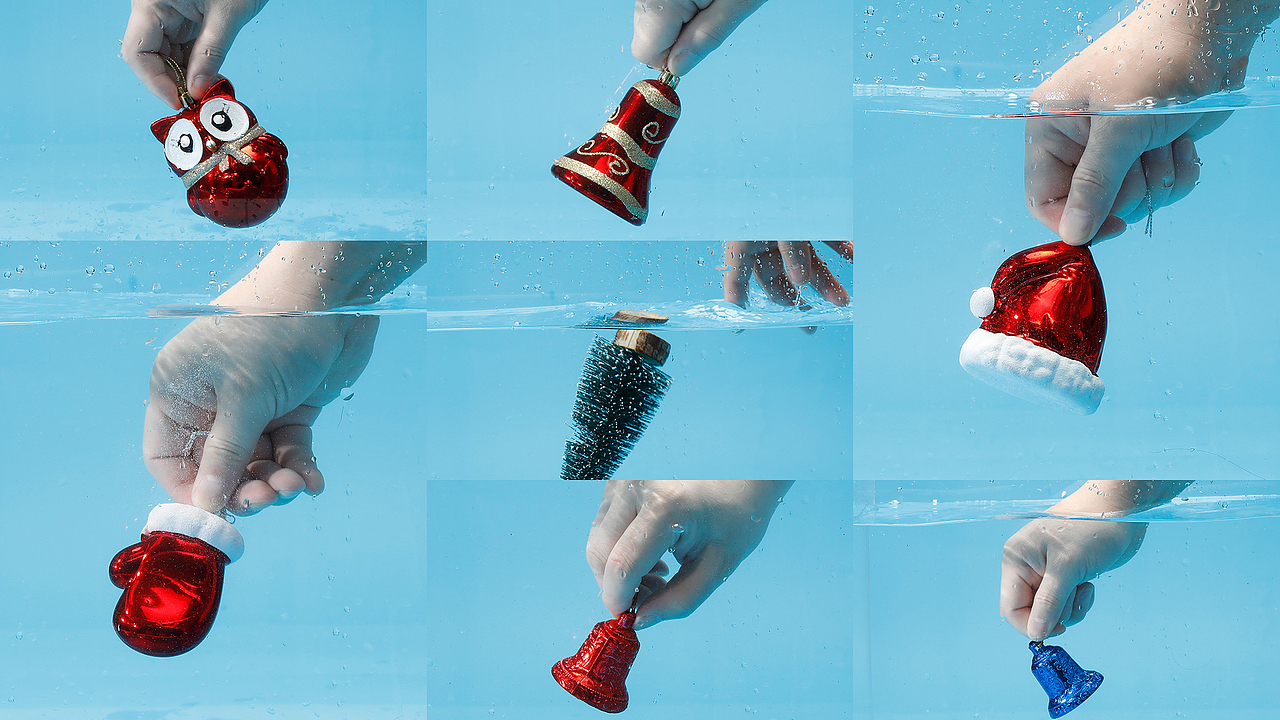 因为是圣诞节促销 所以圣诞道具也要拍摄。估计我是行业第一个把圣诞素材放在水下拍摄的 摄影师吧。