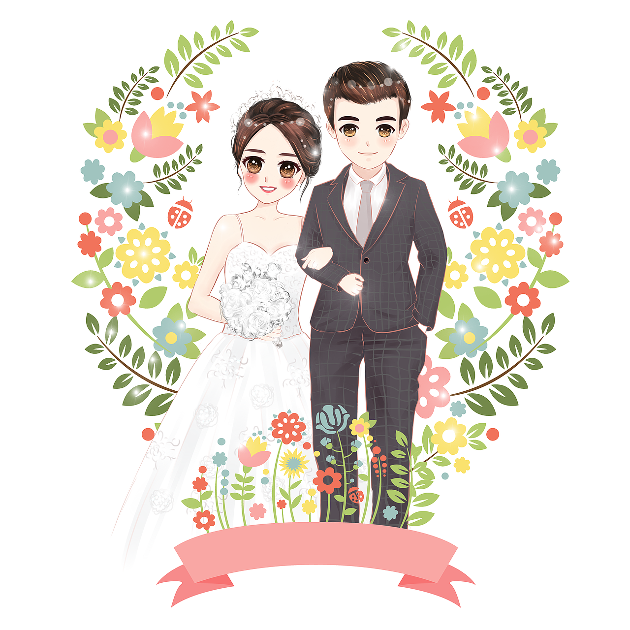 可爱卡通结婚照第一次画觉得这个风格好好看