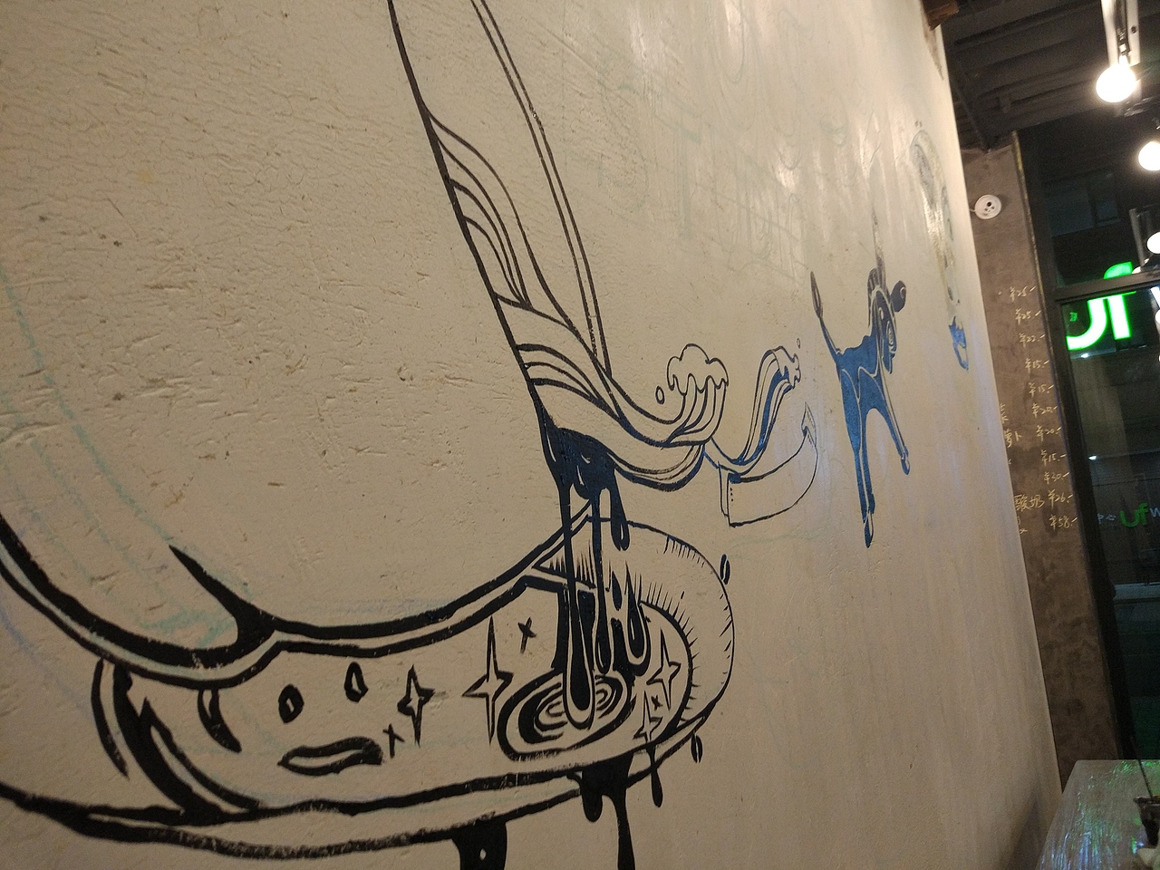 用粉笔打好线稿定好位置开始上丙烯,墙面很粗糙,在丙烯里面加了一些水,画起来流畅了一些。