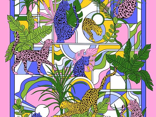 原创热带雨林系列插画图案设计——🐆花豹入林 	