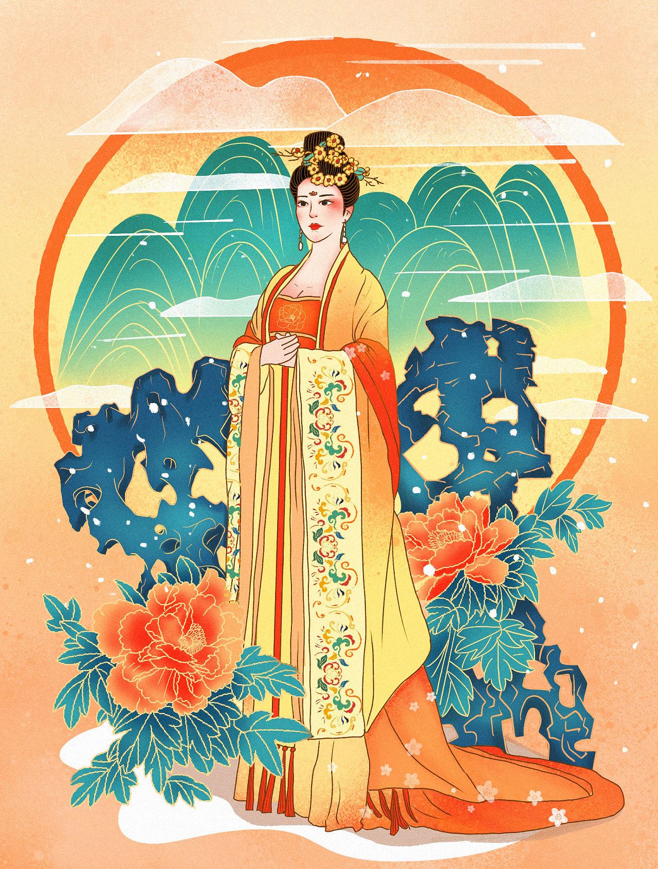 中国风国潮扁平噪点插画