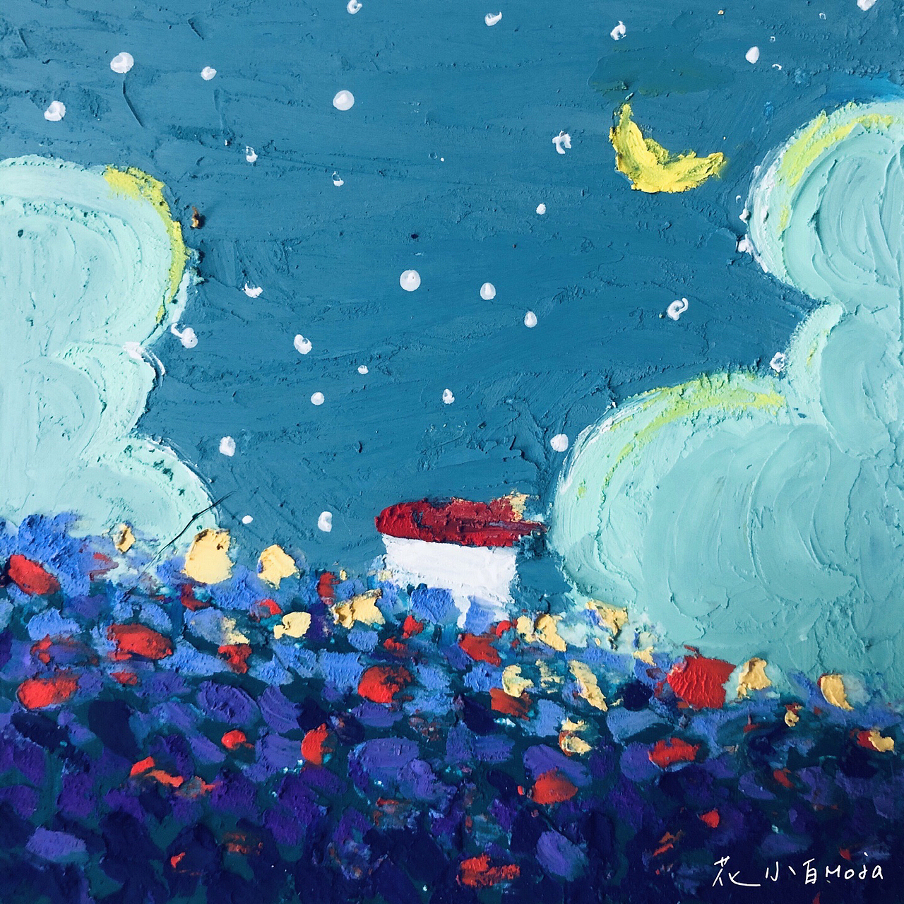 原创油画棒冷色调手绘风景插画