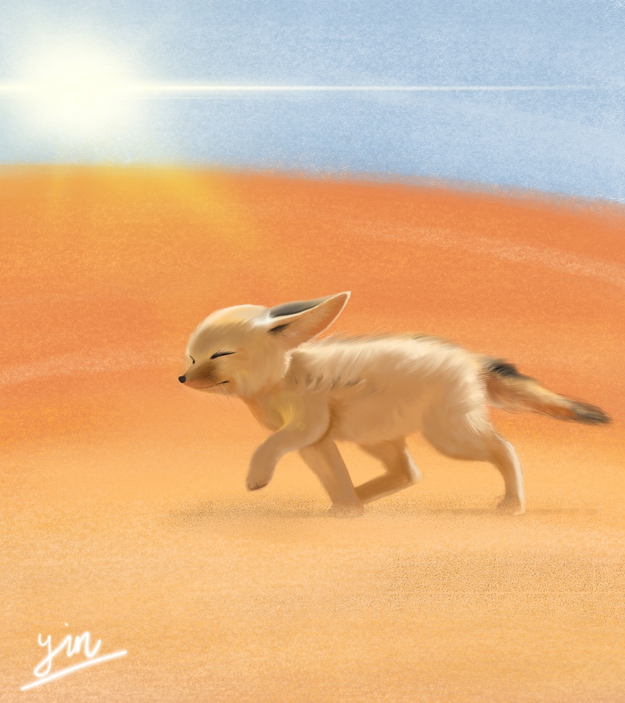 写实画沙漠中的大耳廓狐