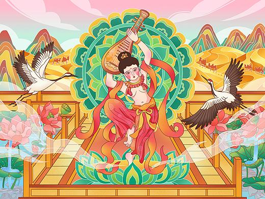 敦煌风文创插画｜青玉反弹琵琶