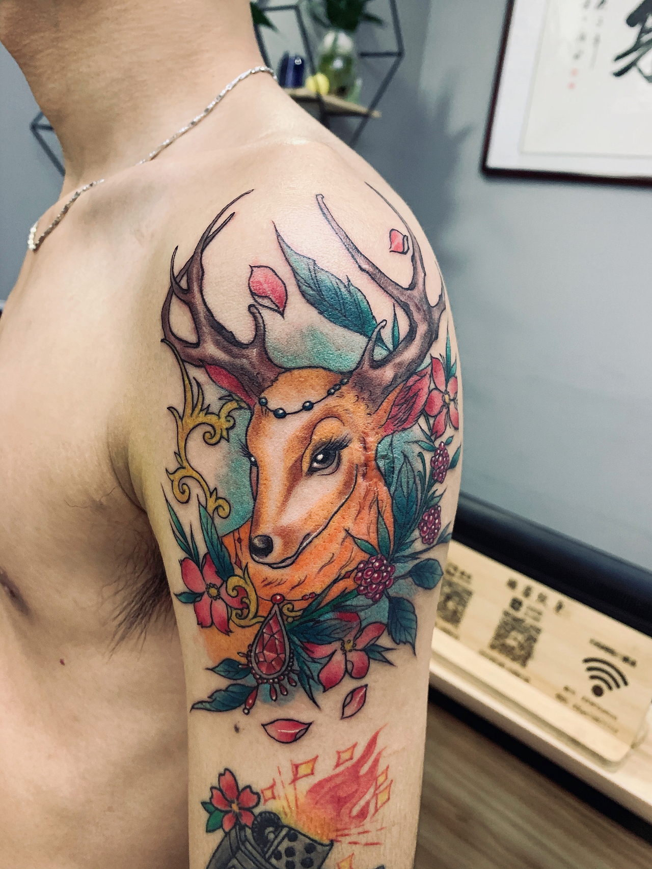 大臂拼接花臂纹身#鹿头纹身有什么含义 #吴江酷客纹身