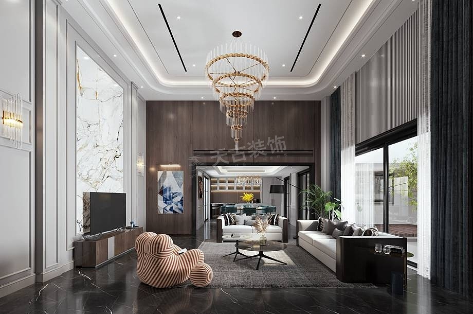 客厅整体基调给人以简洁、淡雅的感觉,但是紫灰色和黑色的精彩运用,却可以起到画龙点睛的作用,不仅让原本单调的空间更添层次,华丽感也瞬间提升