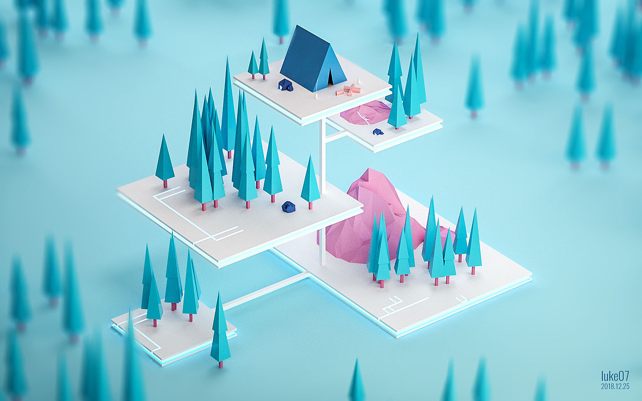 原图也是behance上的，主要做了发光材质，以及投射样条练习（山上那条）