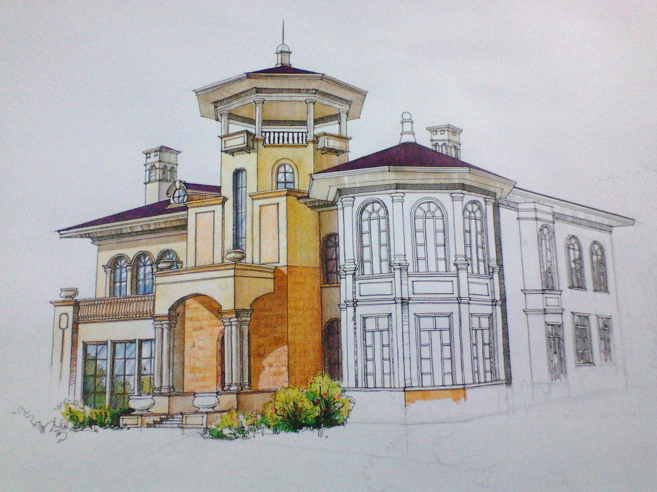 欧式风格别墅外观手绘效果图(上色步骤)