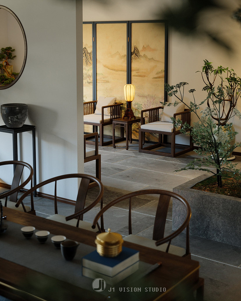 新中式茶室效果图渲染