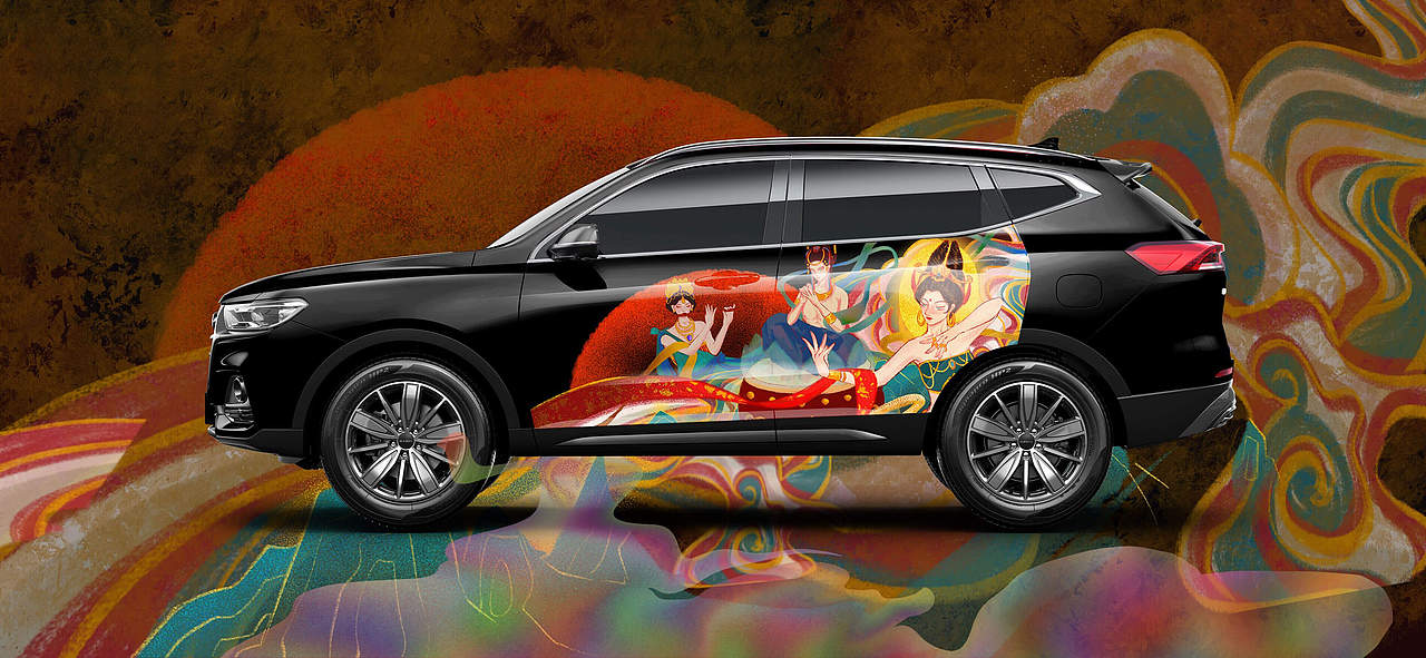 看到敦煌文化与哈弗SUV的联动，脑海中最先想到的就是敦煌壁画中的伎乐天。
敦煌乐伎不长翅膀，不生羽毛，不顶圣光，借助彩云而不依靠彩云，仅凭摇曳的衣裙，飘舞的彩帛便可飞于天际，其动态与身姿更是令见者难忘。<br>如能将乐伎飞天的张力与哈弗SUV的流线车型结合起来一定可以锦上添花、相得益彰，怀揣着这种想法，我绘制了如上的车贴插画，并尝试了扁平风和立体相结合的风格，将背景的质感绘制去贴近壁画，而人物则使用偏立体的表现手法，使画面更具趣味性和观赏性。<br>