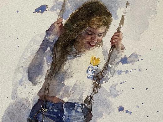 夏宇航水彩画《快乐的秋千女孩》