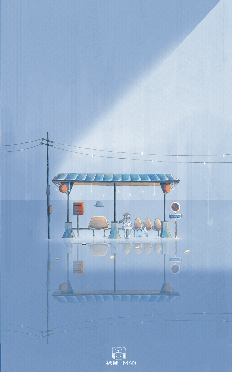 星期天的早晨,<br>独自一人的车站,<br>安静得像一幅干净蓝色的画,<br>阳光从对面洒落在脸上,<br>闭上眼睛,等待风的到来,<br>在列车到来前,珍惜这此刻的陪伴。<br><br><br>望着窗外寻常的景色,<br>列车在按部就班中脱离了轨道,<br>行驶向一望无际的蓝色平行时空,<br>一只鸟儿站在白色的云朵上,<br>对着我发呆。<br>一群沙丁鱼穿过车窗,<br>用巨大温暖的拥抱包裹住我,<br>后又迅速离去散开。<br>远处一片片浪花,<br>总在即将靠近的时候,<br>胆怯退缩。<br>鸽子们排成爱的形状,<br>盘旋在时空的缝隙中,<br>忽近忽远。<br><br>