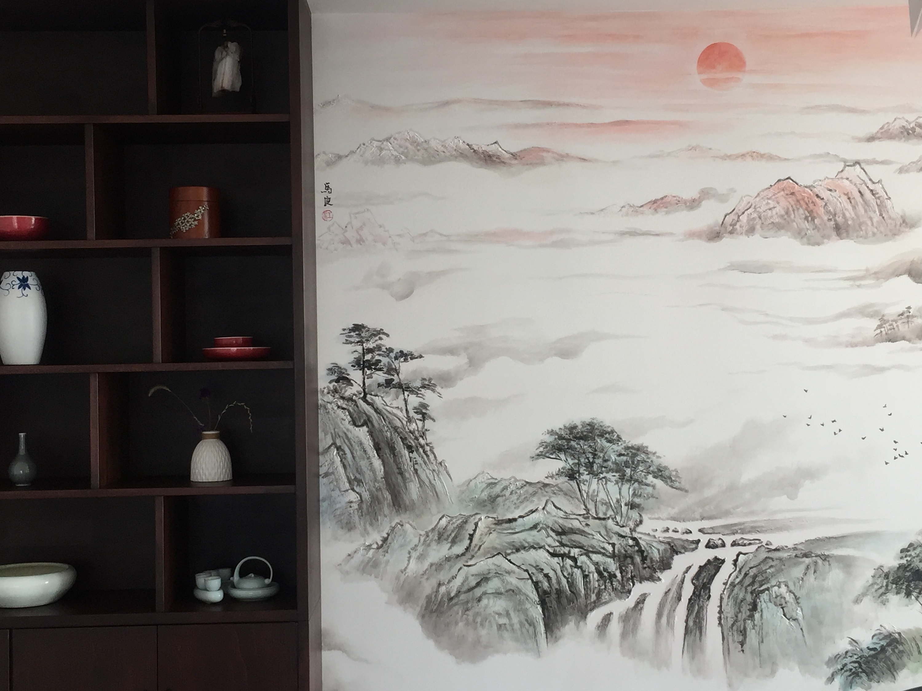 中式山水浅浮雕壁画