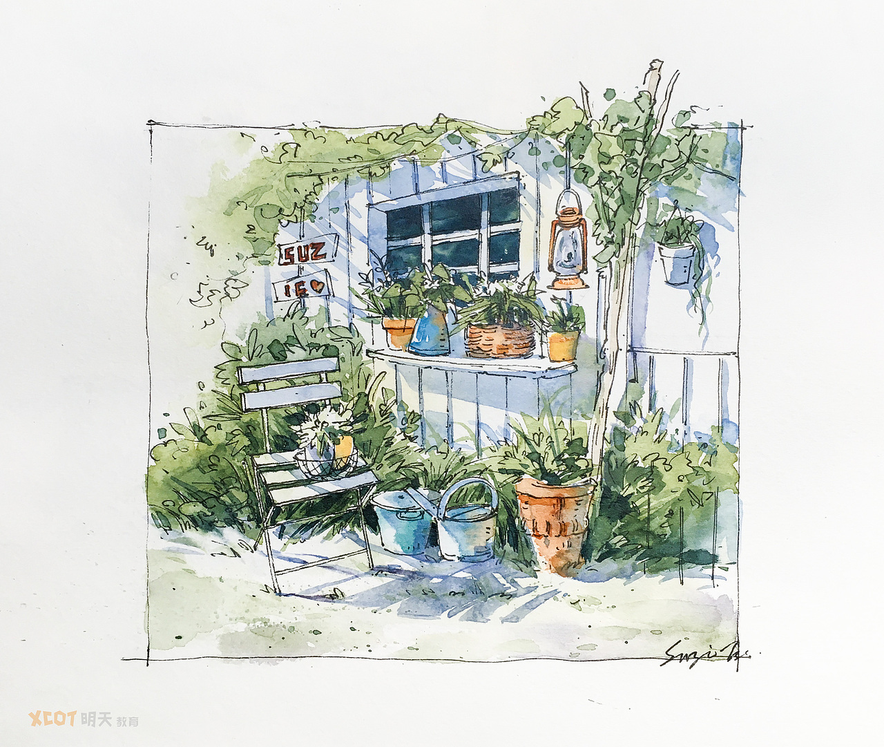 钢笔淡彩小花园来啦