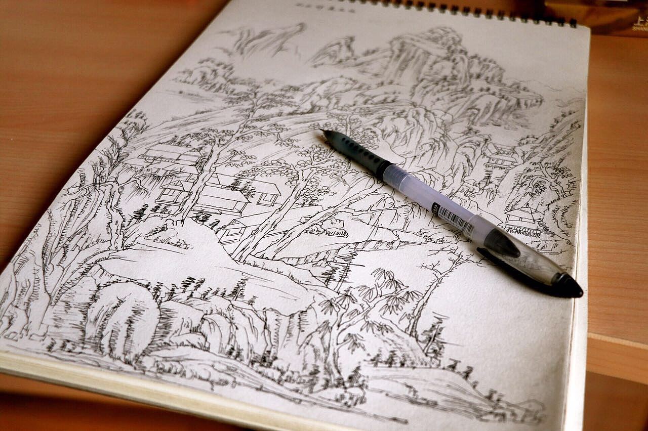 针管笔速写山水画