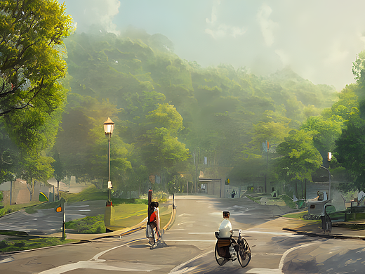 #AI創(chuàng)作實驗室#代官山，清晨，紅綠燈，樹，單車，（個人主頁-ZNjI3OTE5Njg=） - AI作品 - 站酷設(shè)計師洗衣機111原創(chuàng)素材 - 站酷ZCOOL