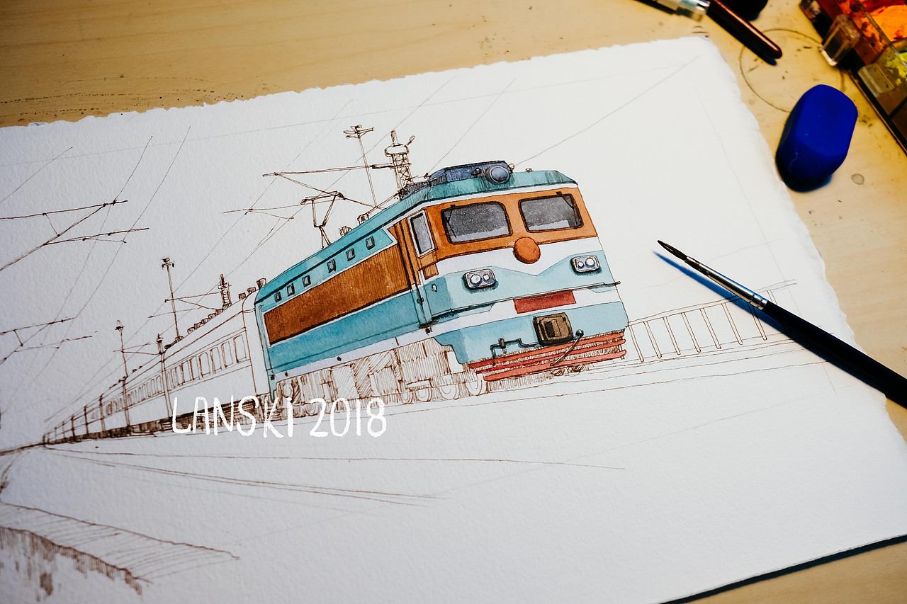 绿皮火车水彩|纯艺术|绘画|lanskidesign_原创作品-站酷zcool