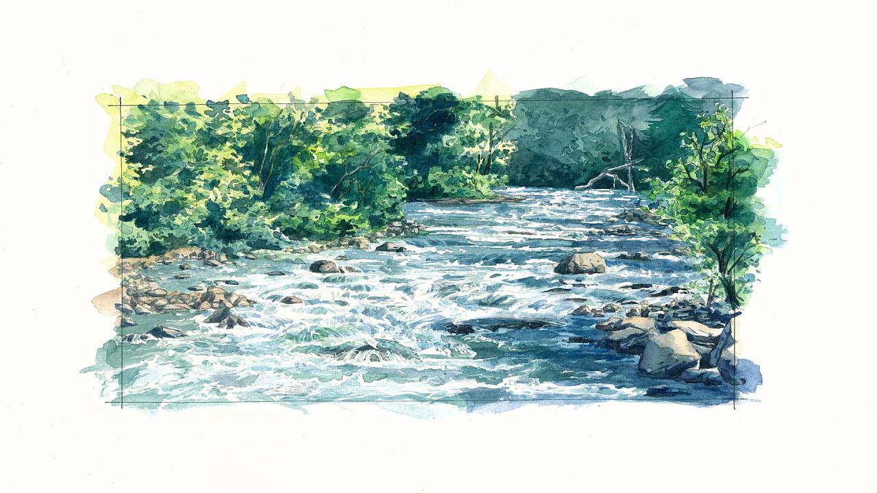 水彩手绘山涧