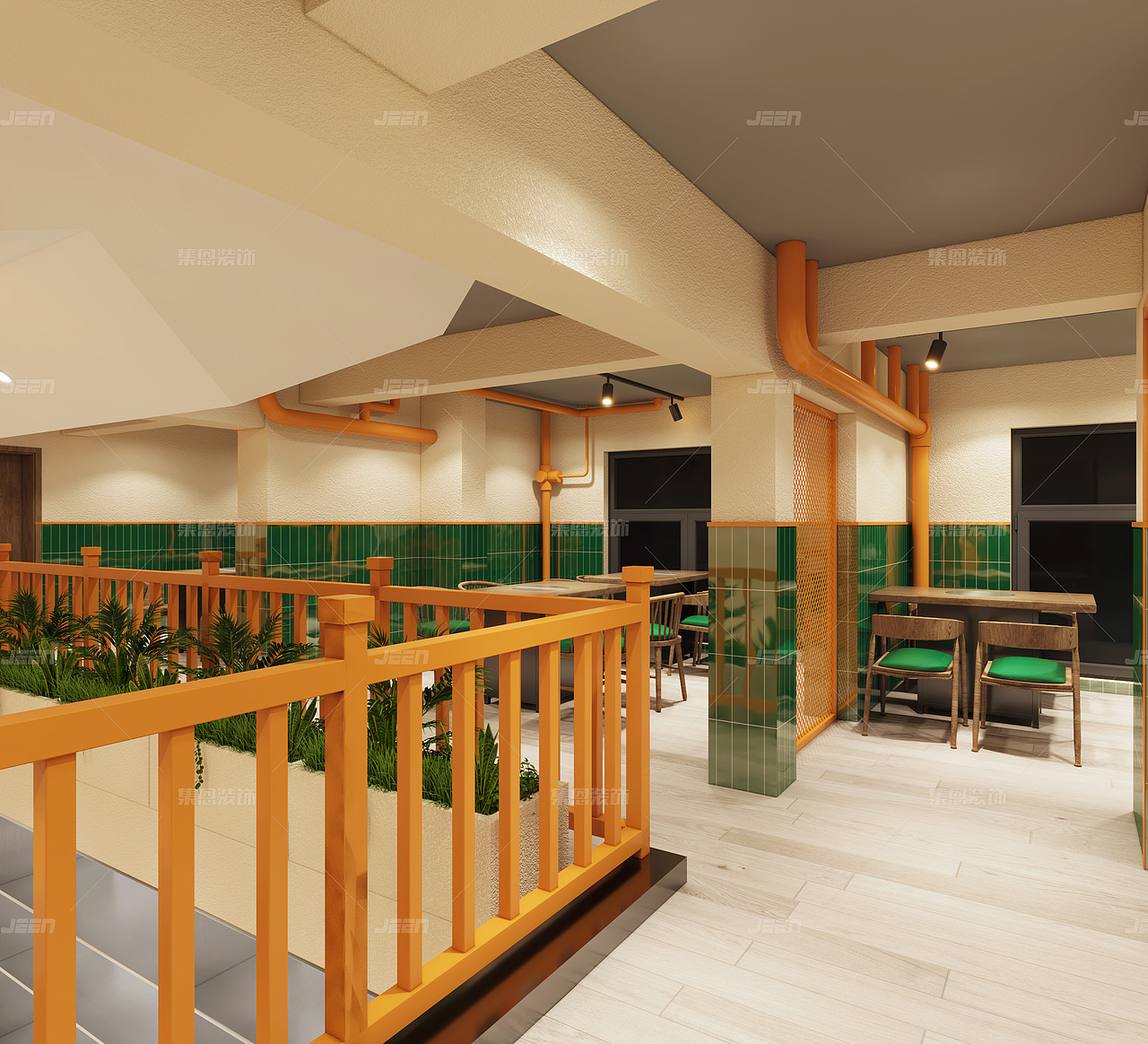 福囍串烤海鲜大排档祭城店_烧烤店设计效果图_集恩装饰（图ZMjU1NDUyMzAw） - 酒店餐饮设计 - 站酷设计师集恩餐饮全案设计原创素材 - 站酷ZCOOL