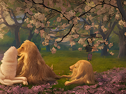 #站酷梦笔#阳光下 一男一女拥抱在樱花树下 有一只金毛