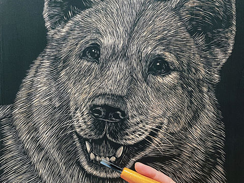 手工雕刻黑白木刻版画·狗狗