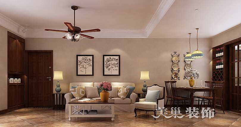 美巢永威南樾100平三室两厅装修案例美式风格效果图