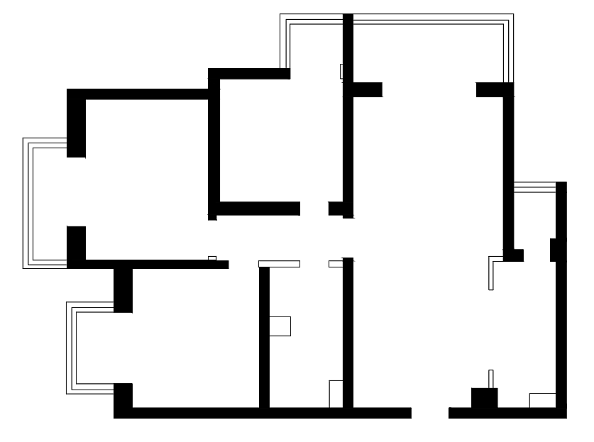 该户型原始户型,虽说不是特别方正。但功能分区明显,三个卧室面积大小平分均匀,且均有采光,光线充足,比较符合刚需的多人家庭。
但也是有一定缺点的:<br>屋内横梁门洞较多;<br>均为承重墙,拆改难度大;<br>卧室与卫生间之间过道面积狭窄;<br>厨房面积空间受限;