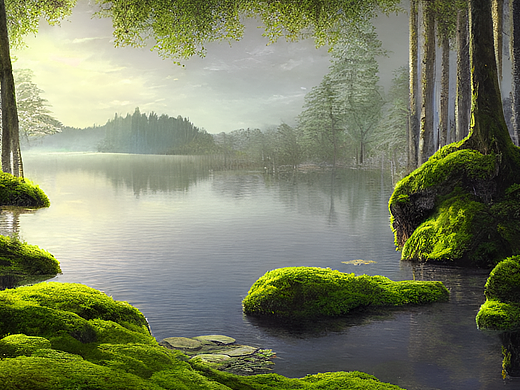 #AI创作实验室#古老森林里乔木高耸，绝美的静谧湖泊，