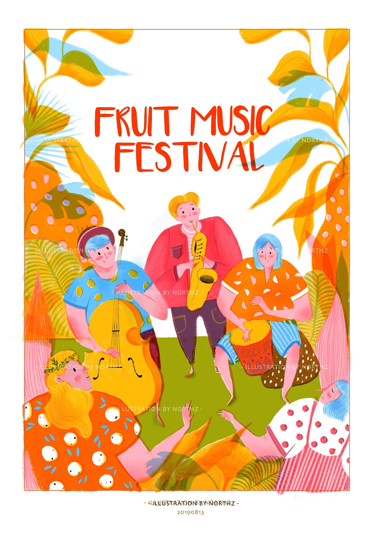 插画草地音乐节三色叠加套色画法