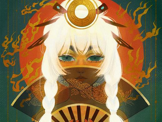 插画头像习作《龙纹·黑扇·白发·少女》