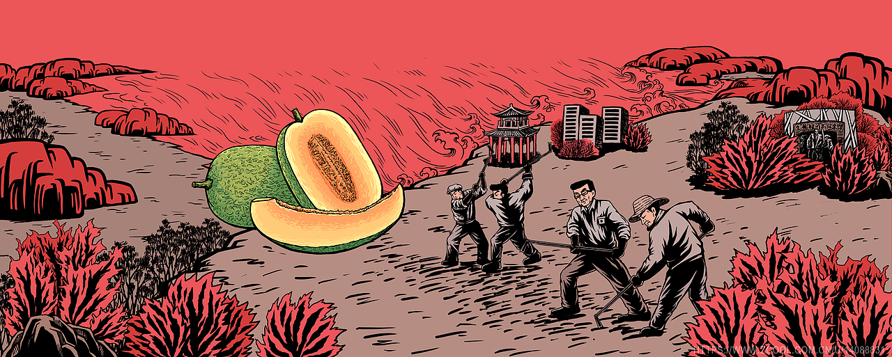 兰考红薯哈密瓜插画产品包装版画风格红色文化