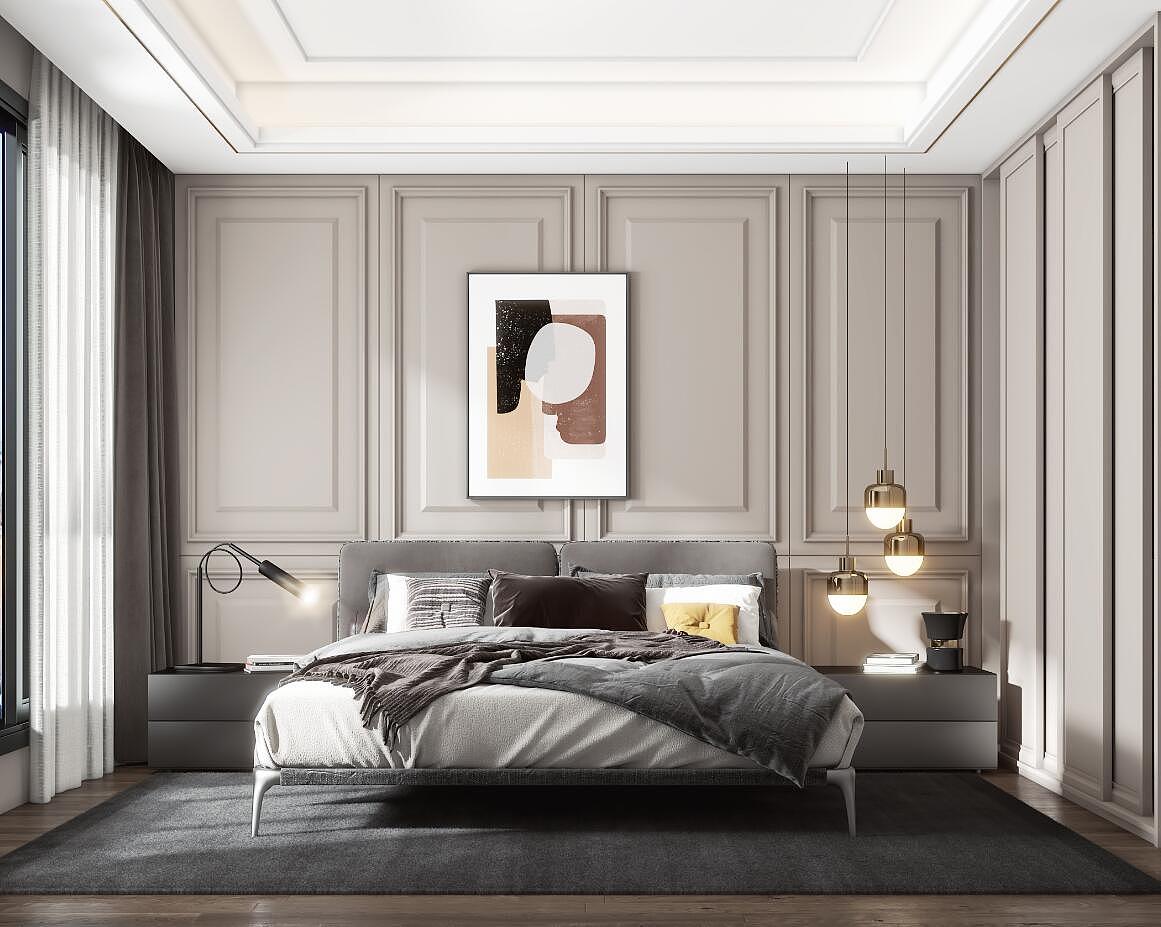 现代美式卧室效果图表现