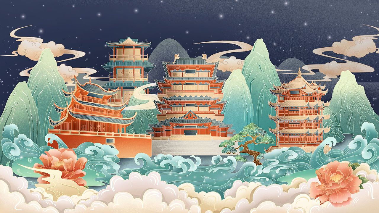国潮插画建筑