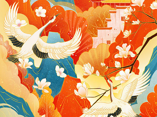 中国风插画 仙鹤 山 云 包装插画 